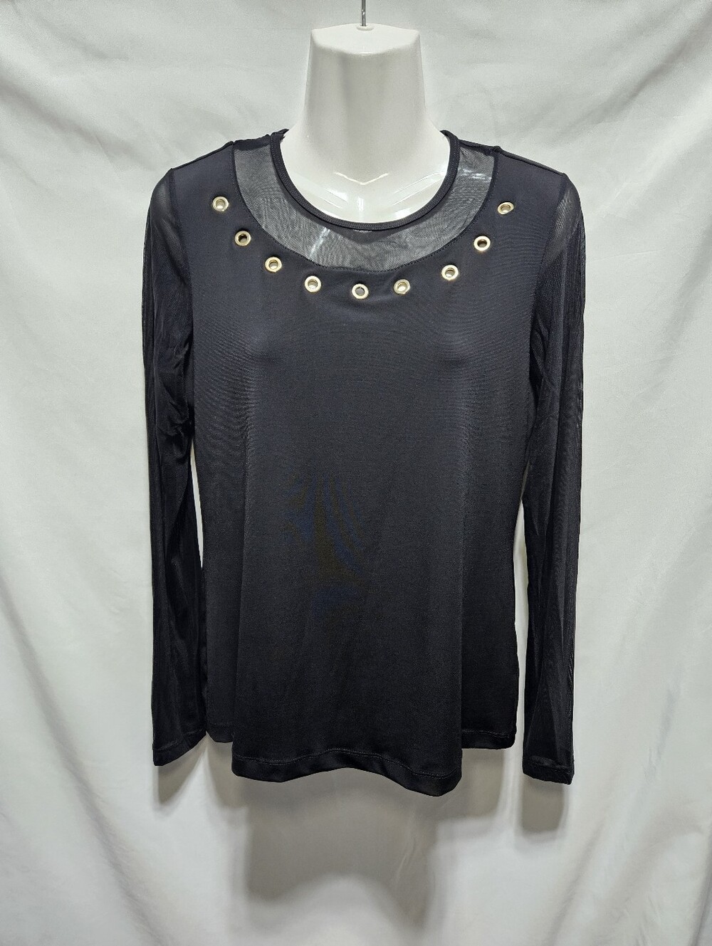 Anatomie Made in Italy Black Mesh Grommet Long Sleeve Stretch Top Size Medium